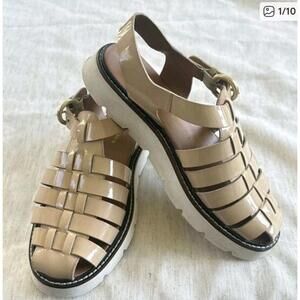 Anthropologie Fisherman Sport Sandals Nude Vegan Patent Leather Sz 37/US 6.5